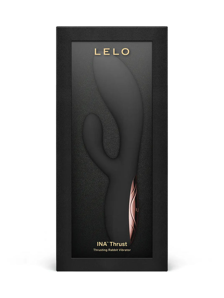 LELO Ina Thrust black in premium black product box front view.