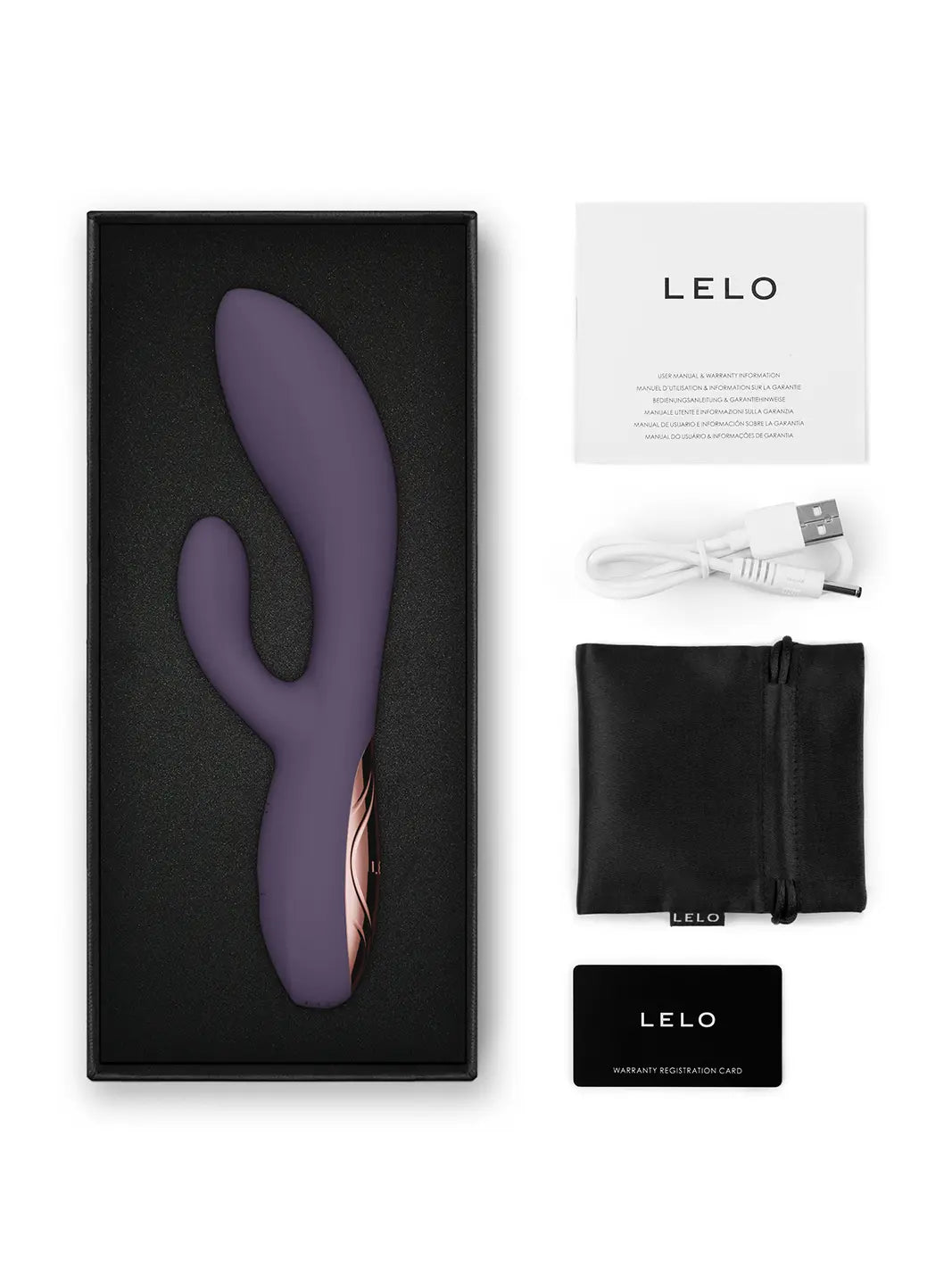 LELO Ina Thrust purple with product box, charging cable, pouch and care card.