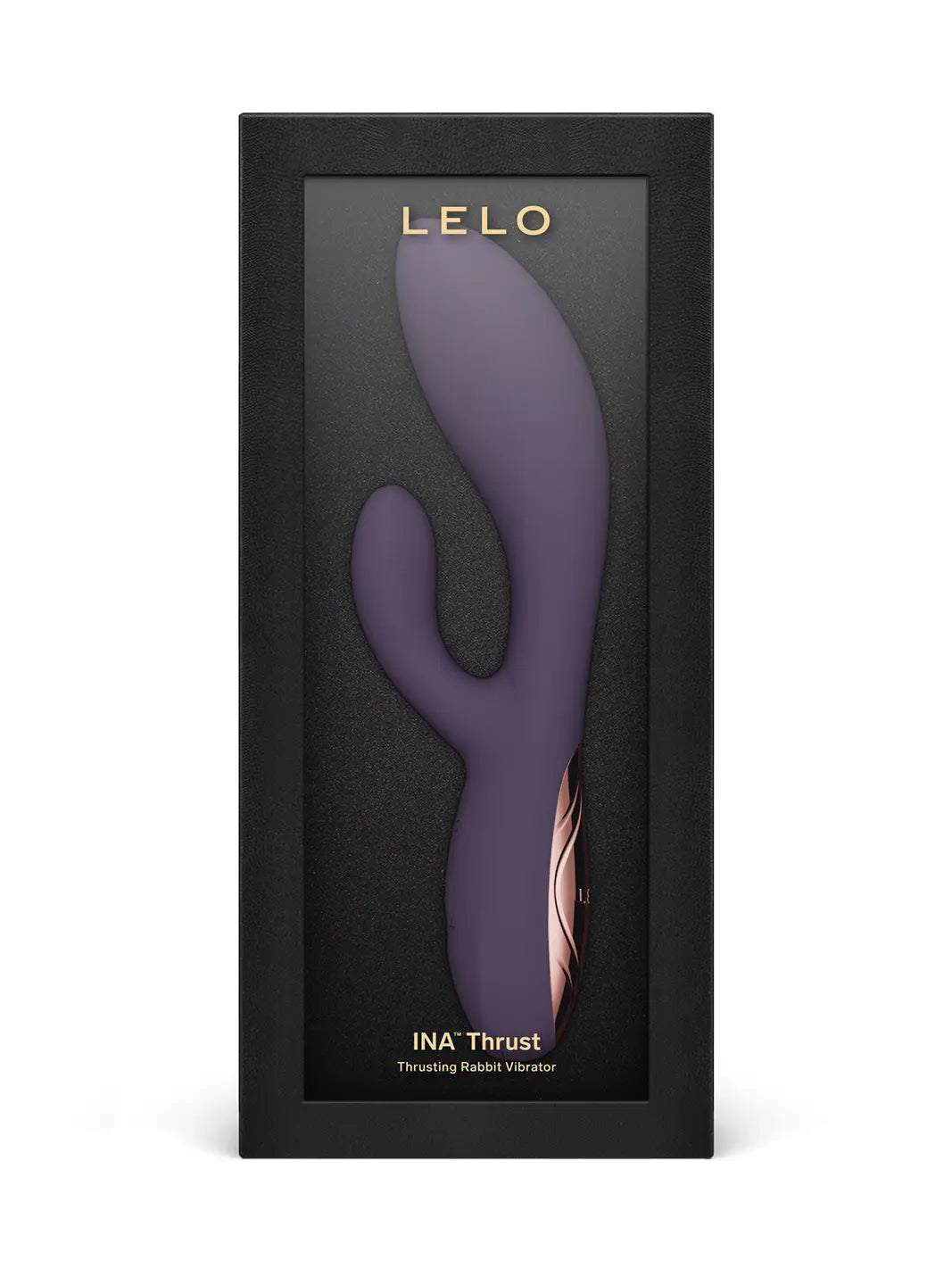 LELO Ina Thrust purple in premium black product box front view.