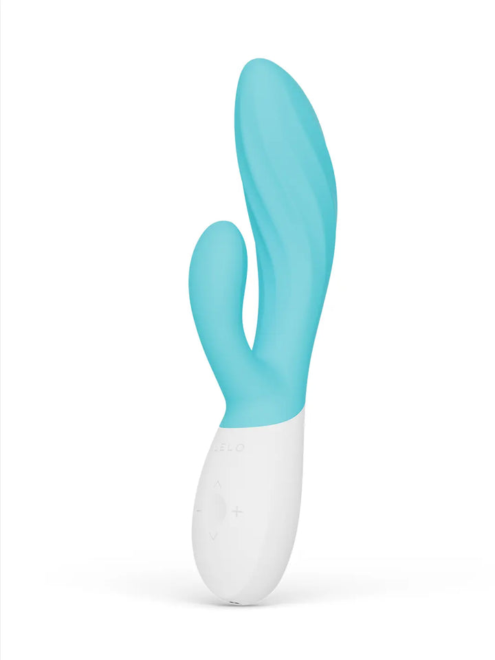 LELO Ina Twist in aqua side view highlighting the slim curved profile and smooth silicone finish.