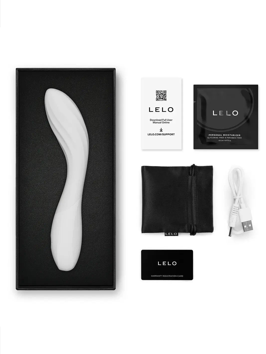 LELO Mona Spectra shown with product box, charging cable, pouch and care card.