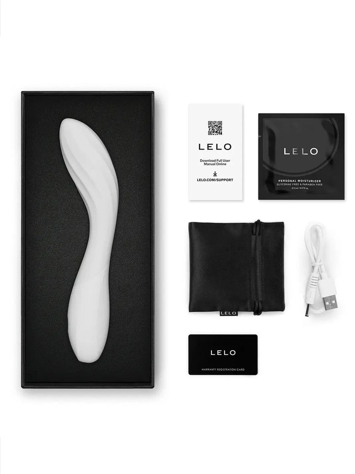 LELO Mona Spectra shown with product box, charging cable, pouch and care card.