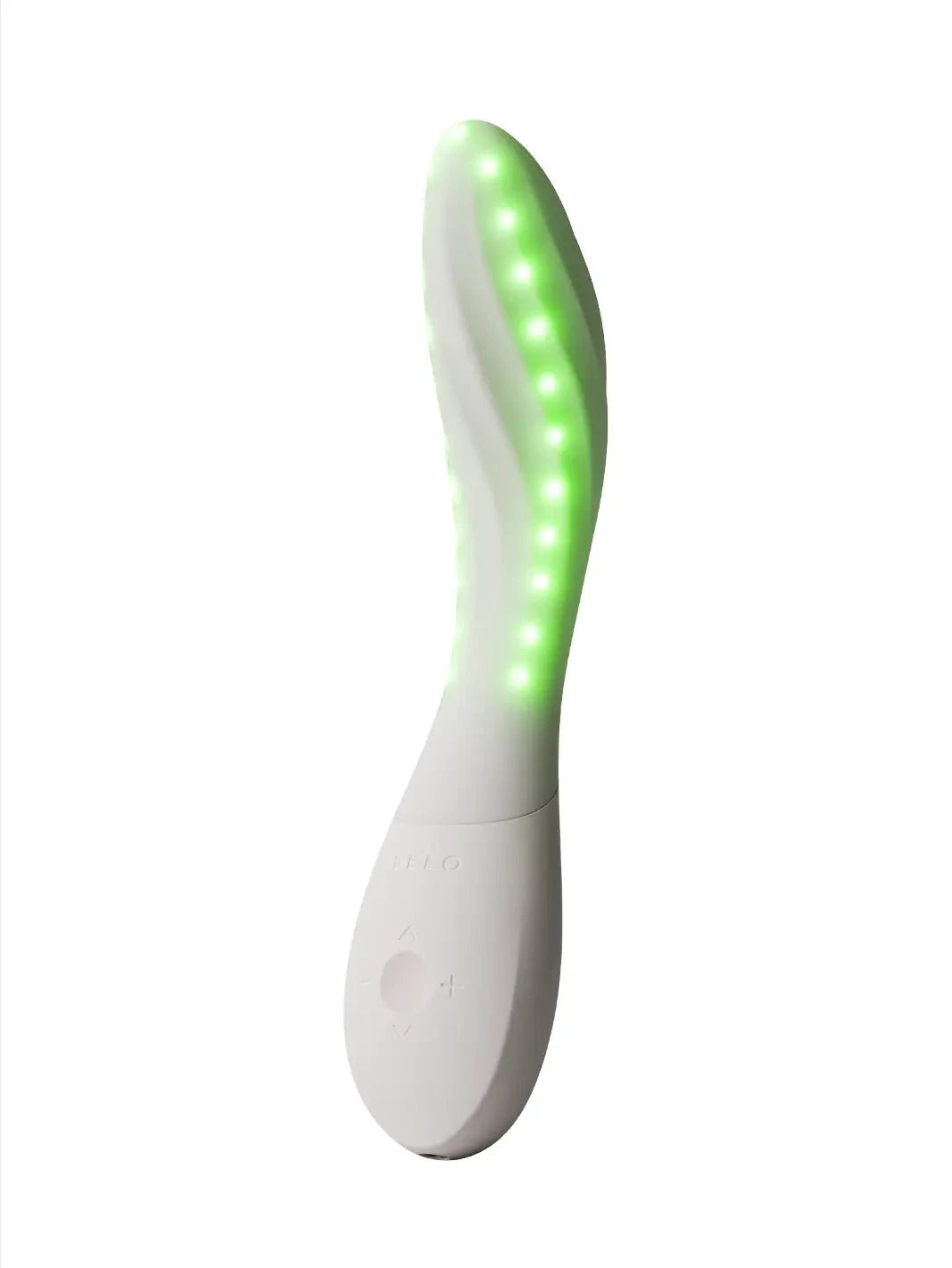 LELO Mona Spectra shown with green illuminated detail along the curved silicone body.