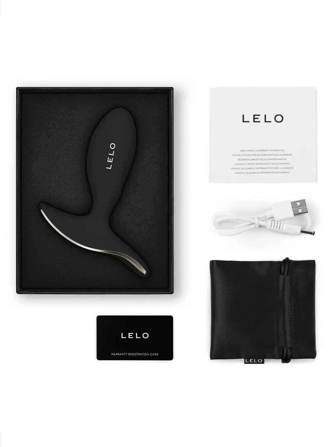 LELO Surfer 2 in black shown with product box, charging cable, pouch and care card.