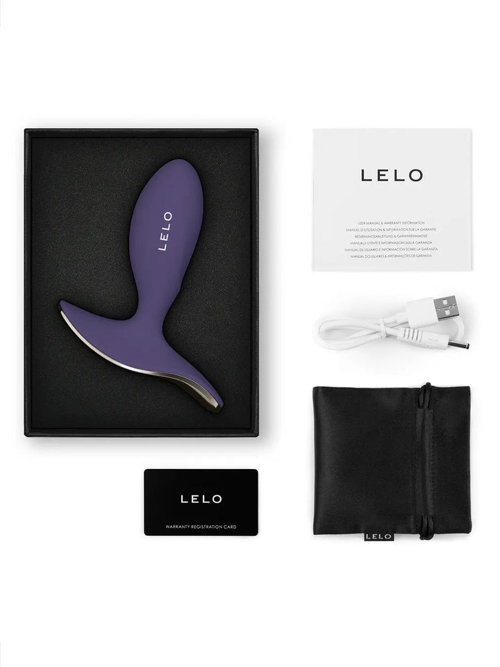 LELO Surfer 2 in purple shown with product box, charging cable, pouch and care card.