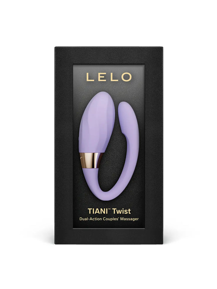 LELO Tiani Twist Soft Pink dual-action couples massager displayed in black presentation packaging
