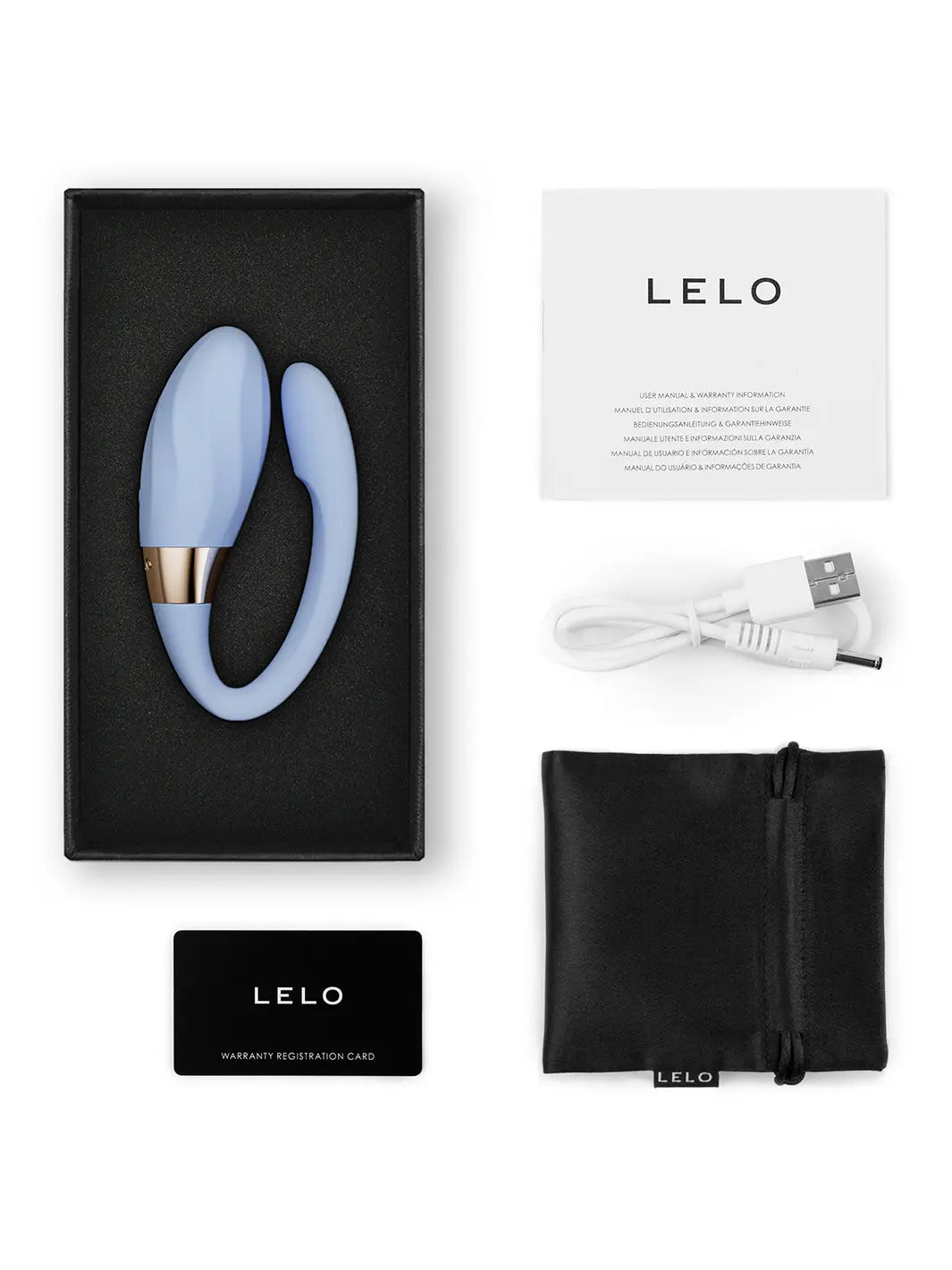 LELO Tiani Twist Sea Foam with storage pouch, charging cable, user manual and warranty card