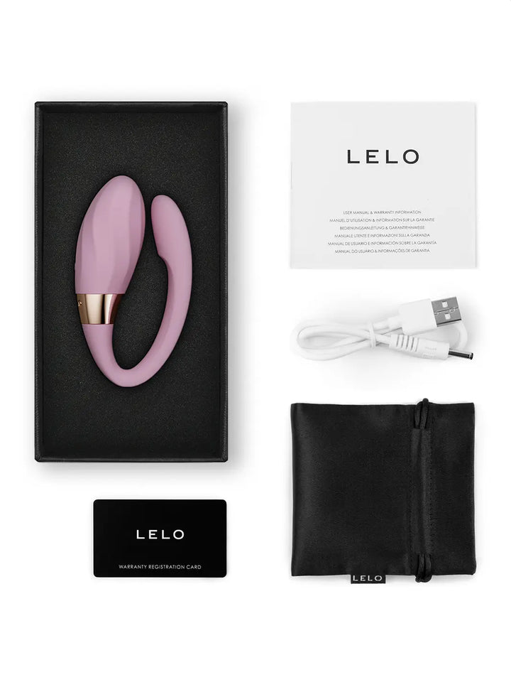 LELO Tiani Twist Soft Pink with storage pouch, charging cable, user manual and warranty card