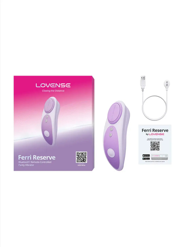 Lovense Ferri Reserve packaging with charger and accessories