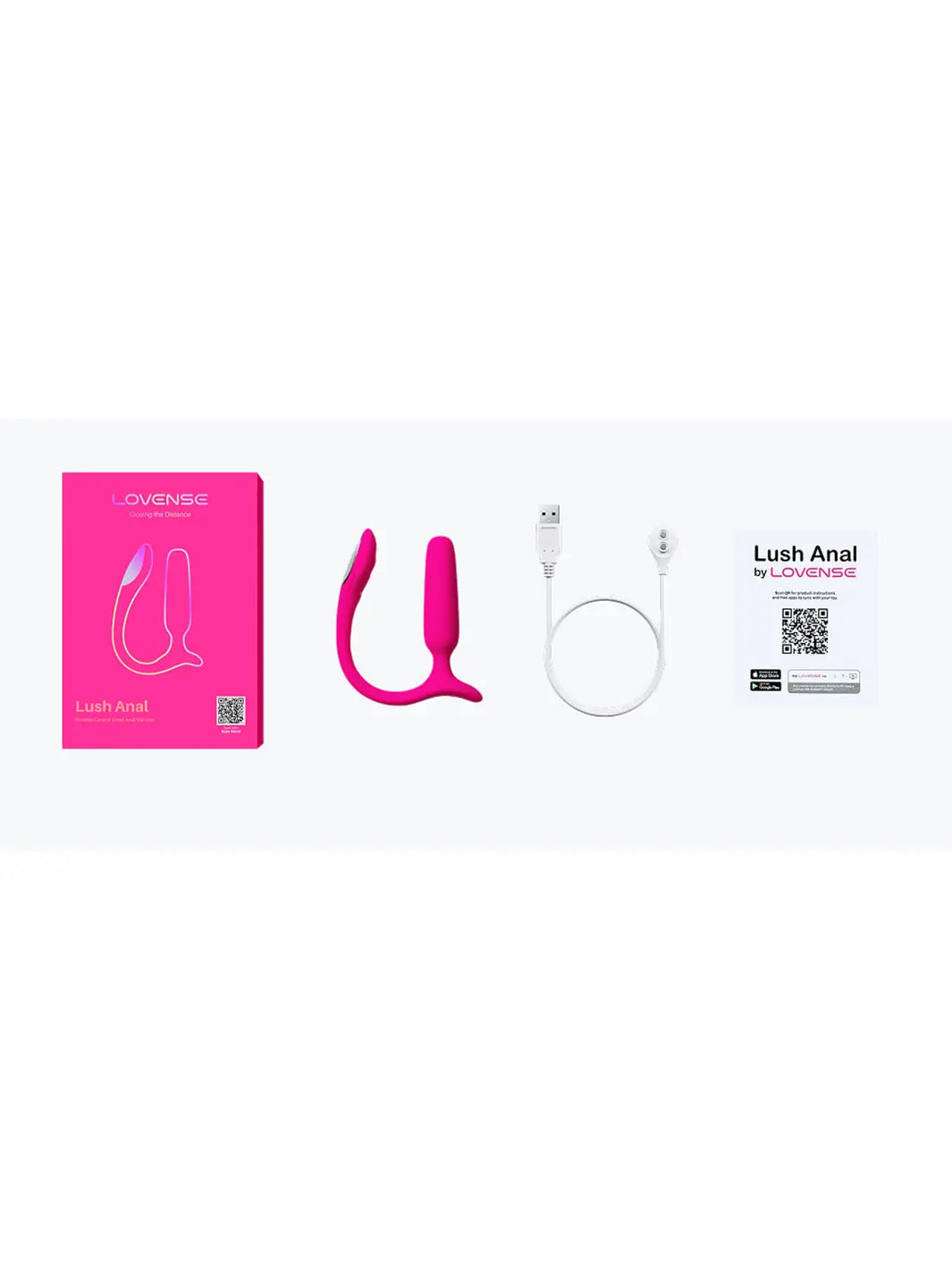Lovense Lush Anal vibrating plug with box contents and charging cable displayed