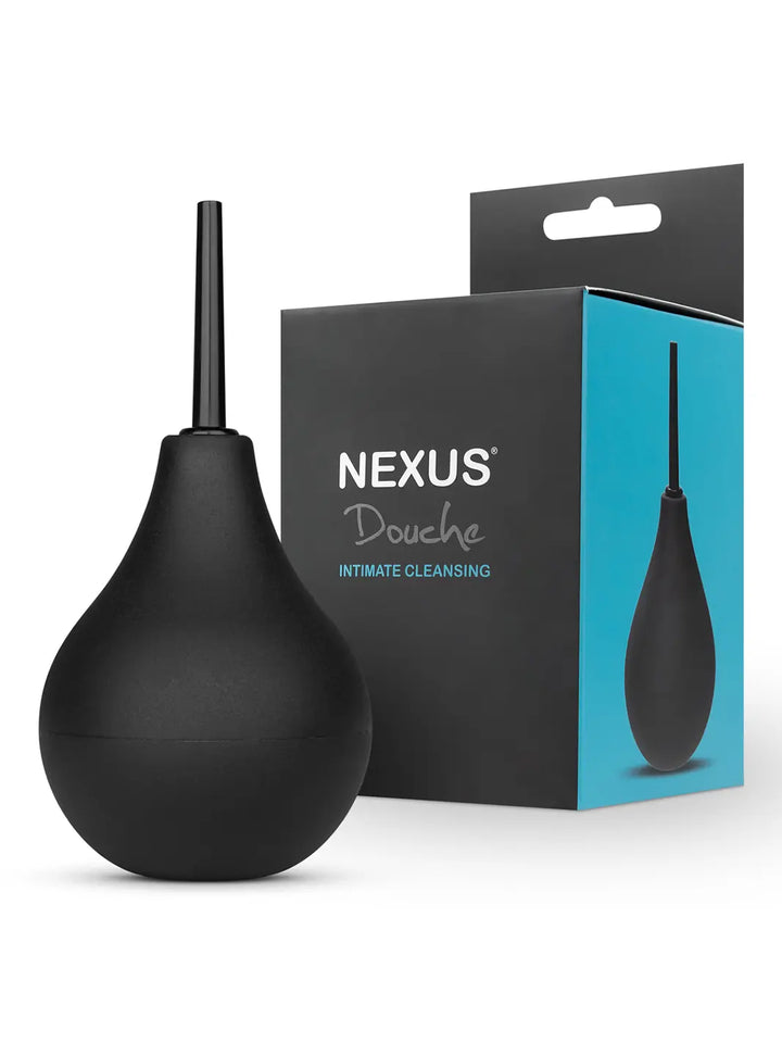 Nexus Anal Douche in black shown with retail packaging and sleek cleansing bulb design.