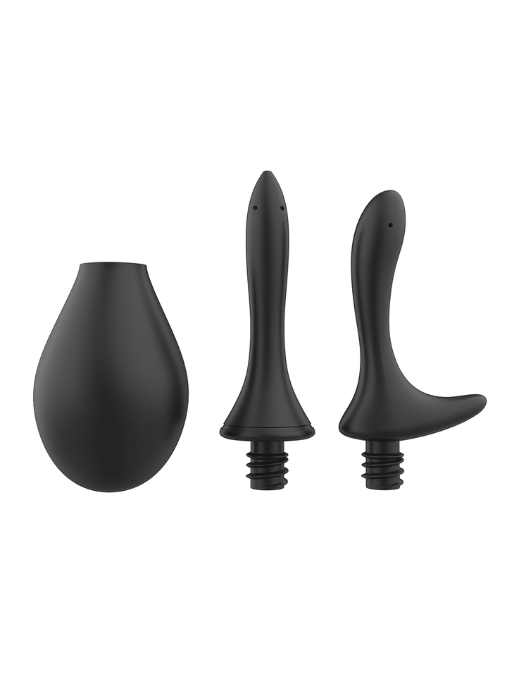 Nexus Anal Douche Set in black showing the bulb reservoir and two interchangeable cleansing nozzles.
