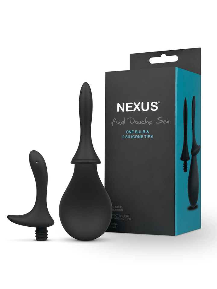 Nexus Anal Douche Set in black shown with retail packaging, bulb reservoir and interchangeable nozzles.
