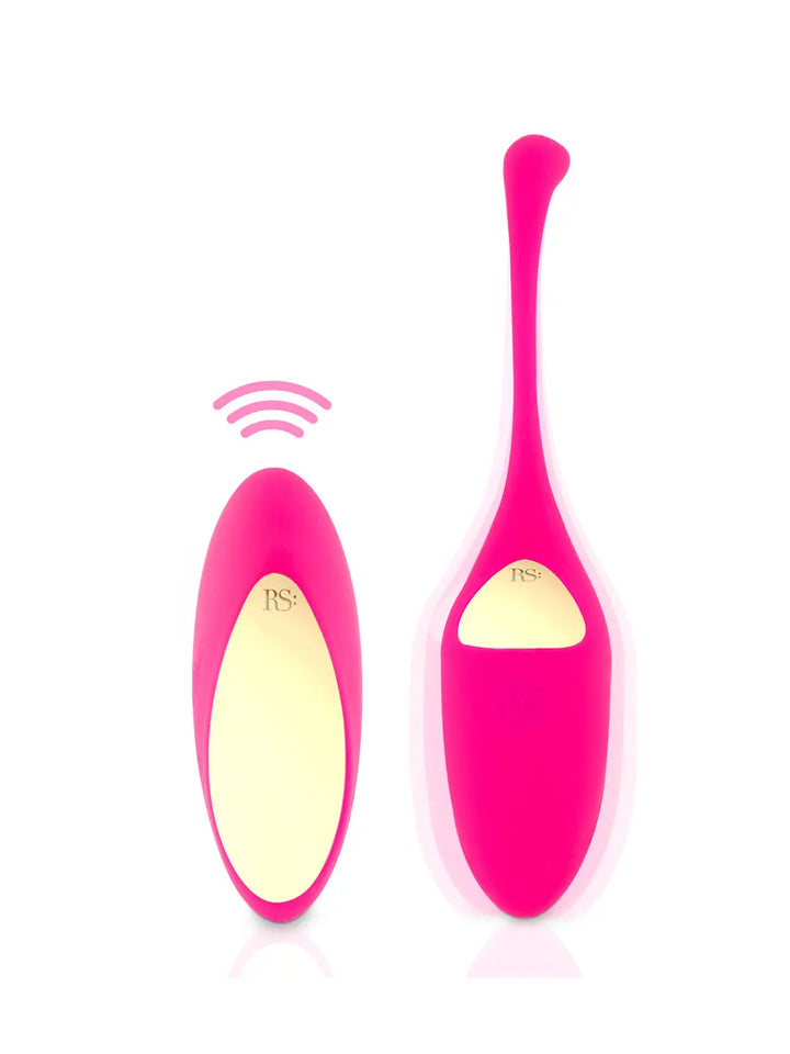 Rianne S Pulsy Playball in rose shown with matching storage pouch, remote and insertable silicone piece.