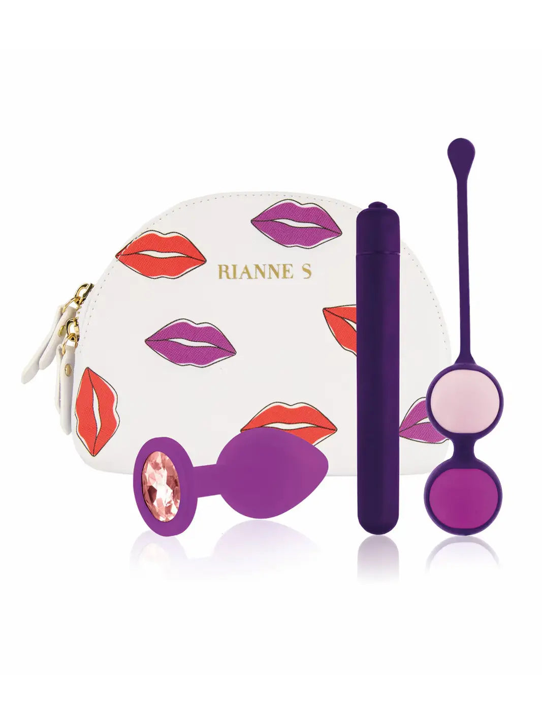 Rianne S RS Essentials First Vibe Kit shown with pouch, plug, slim vibrator and dual ball exerciser.