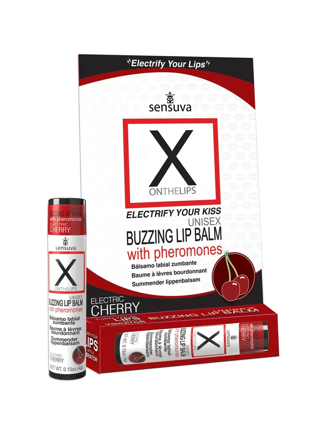 Front packaging of Sensuva X on the Lips Electric Cherry pheromone balm