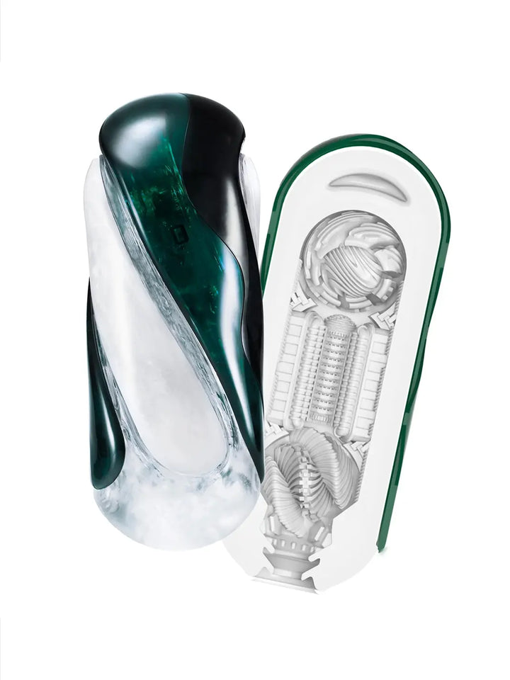 Tenga Flip 360 in Aurora Green open view showing the internal textured sleeve and flip-open design.
