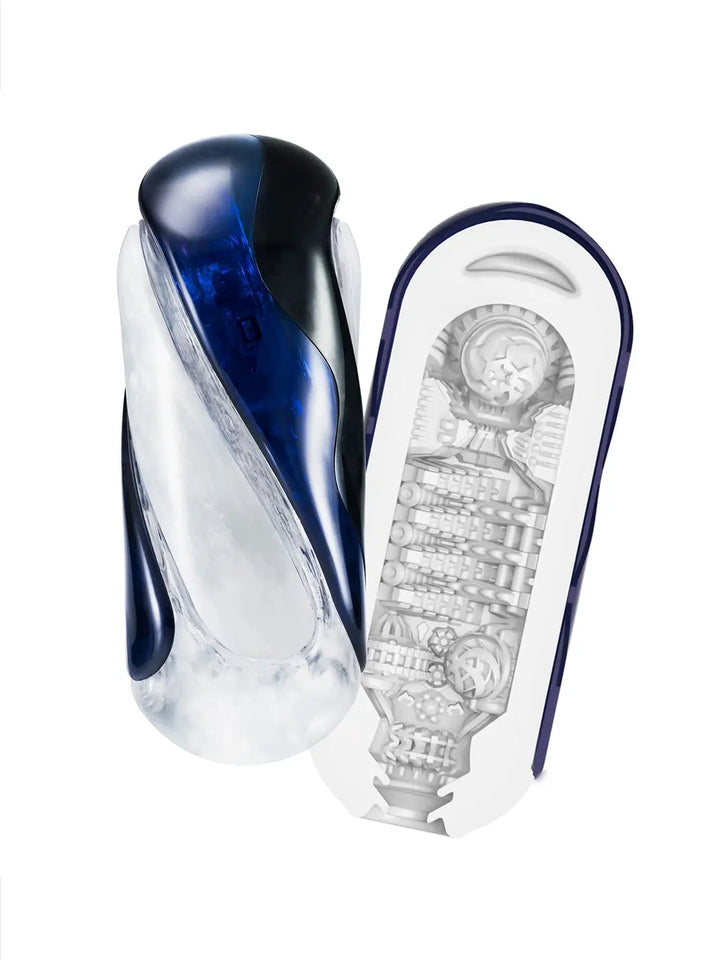 Tenga Flip 360 in Midnight Purple open view showing the internal textured sleeve and flip-open design.