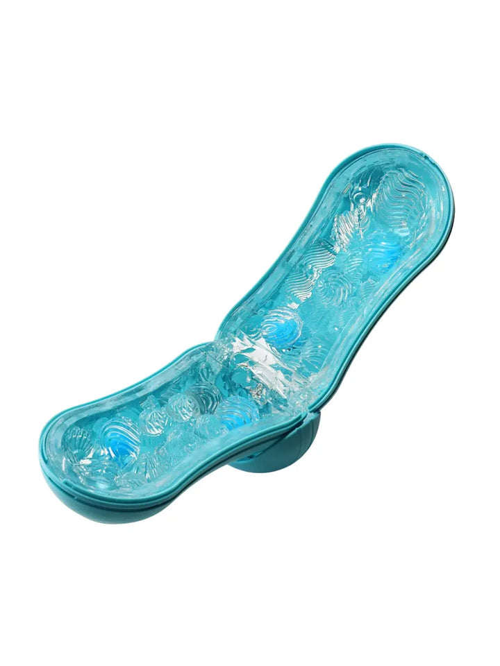 TENGA Flip Orb Ocean Blue open view showing soft internal orb texture and wavy stimulation design.