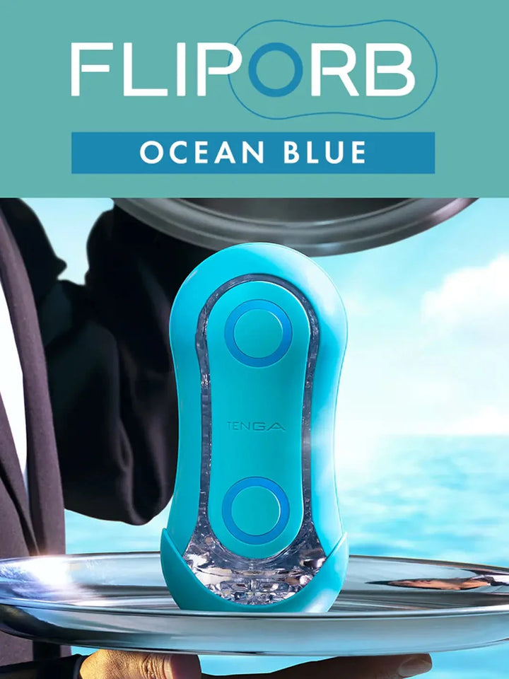 Front packaging of the TENGA Flip Orb Ocean Blue reusable textured masturbator.