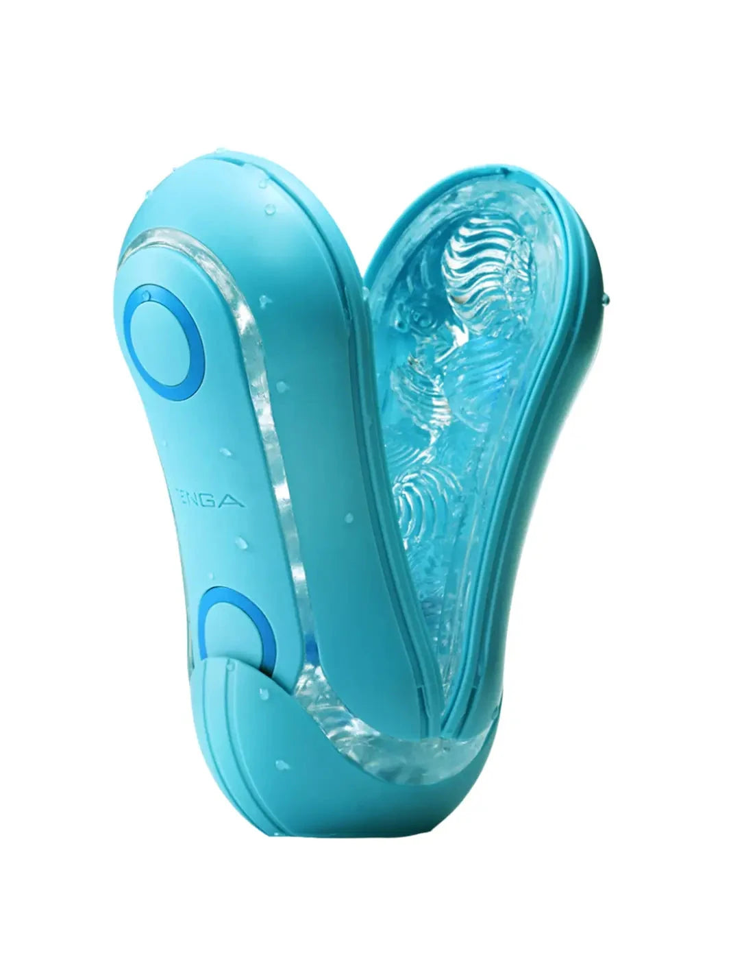 TENGA Flip Orb Ocean Blue open interior showing wavy ribs and textured elastomer sleeve.