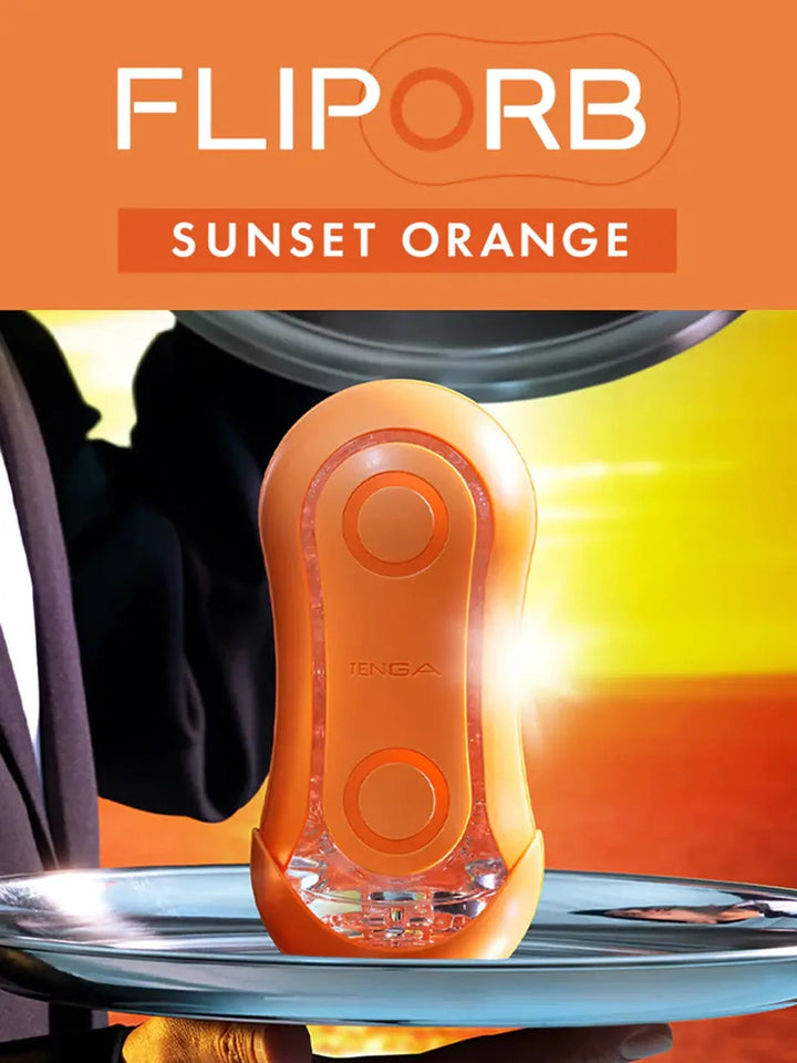Front packaging of the TENGA Flip Orb Sunset Orange reusable textured masturbator.