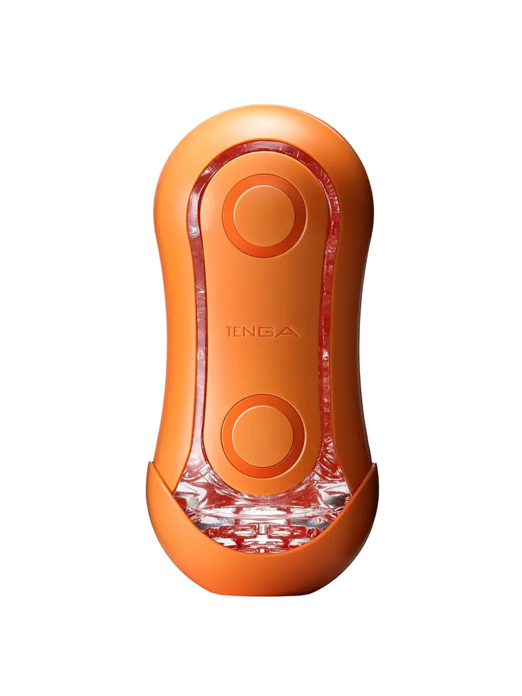 TENGA Flip Orb Sunset Orange reusable male masturbator with curved body and pressure pad control.