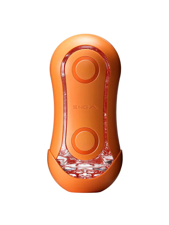 TENGA Flip Orb Sunset Orange reusable male masturbator with curved body and pressure pad control.