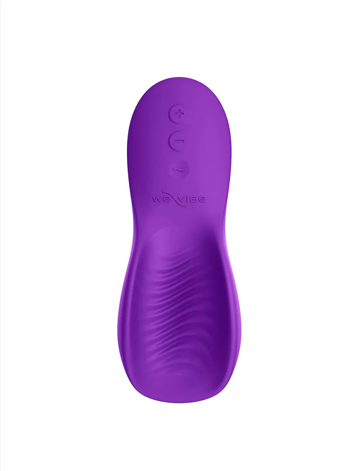 We-Vibe Shared Touch in purple back view highlighting textured silicone detail and control buttons.