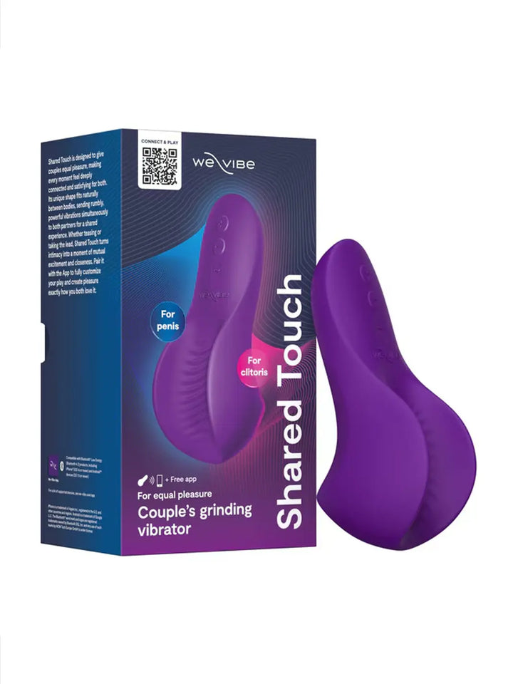 We-Vibe Shared Touch in purple shown with retail packaging and compact curved silicone design.