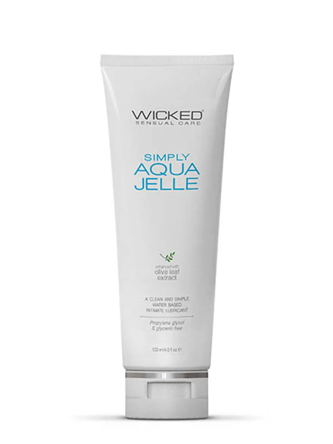 Wicked Simply Aqua Jelle 120ml water-based lubricant in a white squeeze tube with blue front label.
