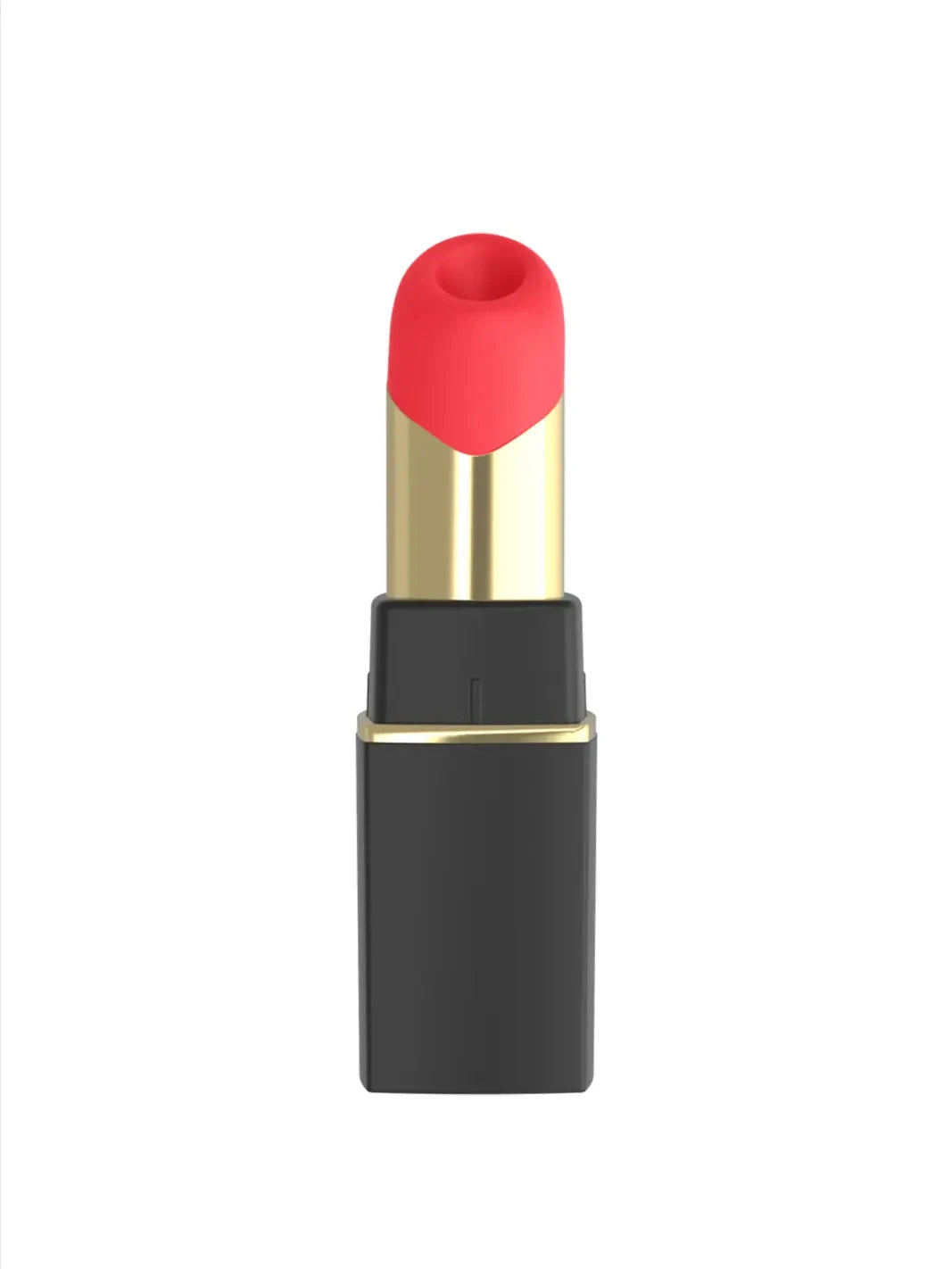 Womanizer Beauty in black and gold front view with compact lipstick-inspired shape and gold accent detail.