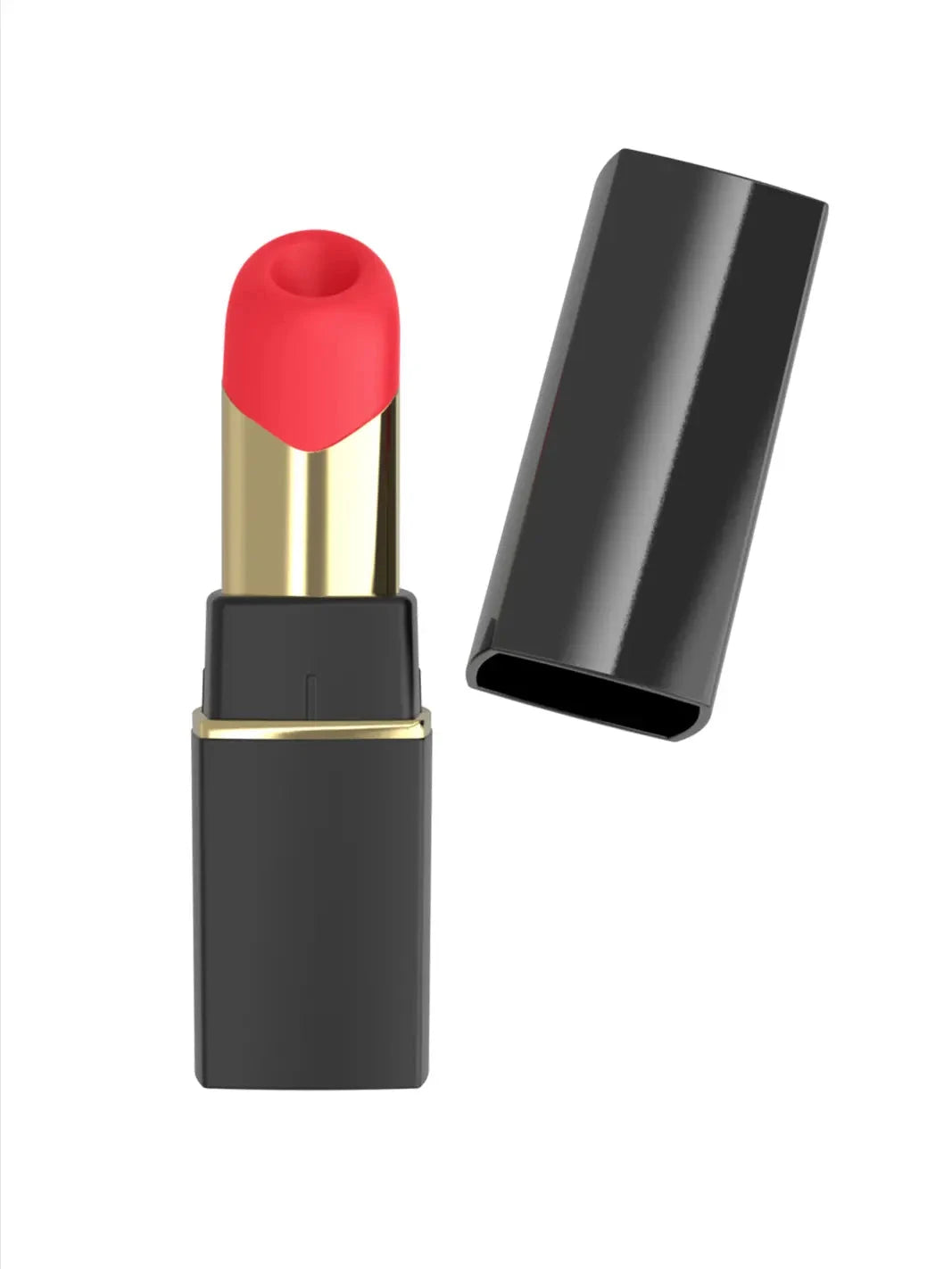 Womanizer Beauty in black and gold open view showing lipstick-inspired cap and premium compact design.