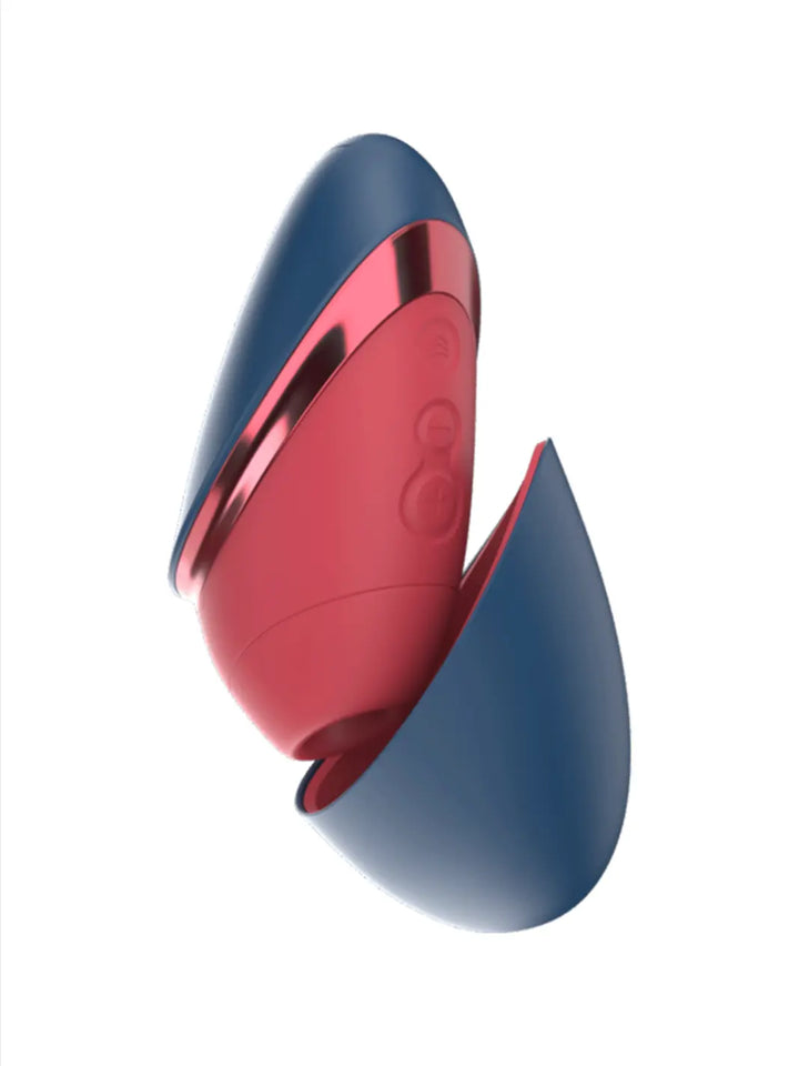 Womanizer Next Liberty in Red Blue open view showing the removable cover and compact curved shape.