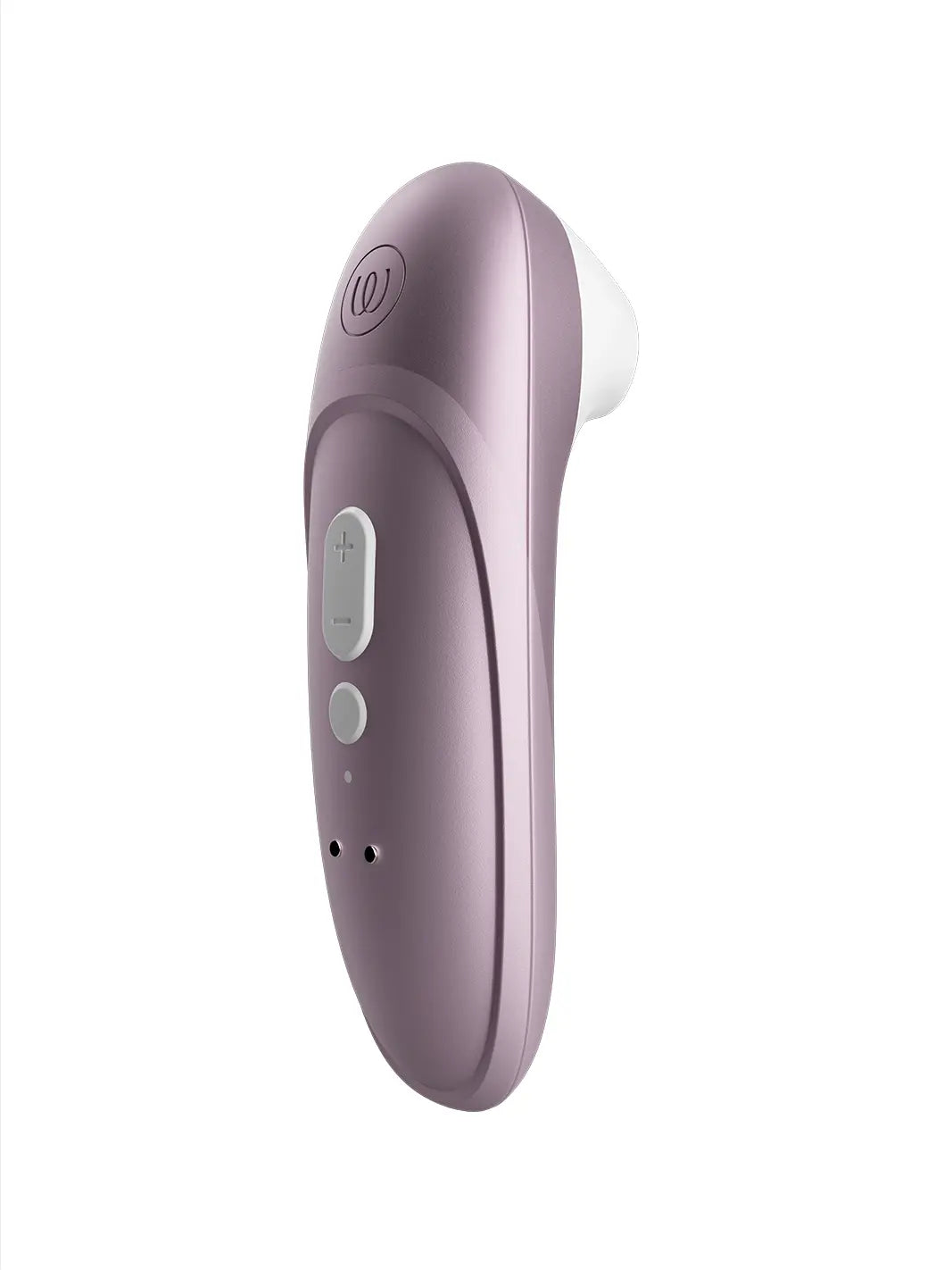 Womanizer Pro lilac front view with curved body and soft white stimulation head.