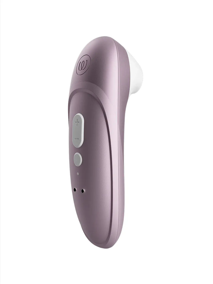 Womanizer Pro lilac front view with curved body and soft white stimulation head.
