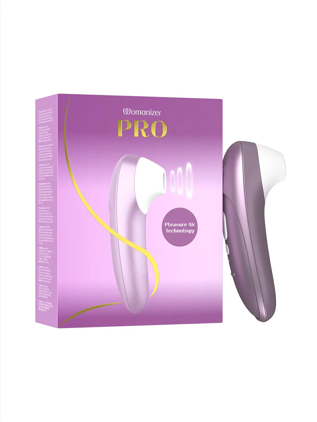 Womanizer Pro lilac displayed beside its matching product packaging.