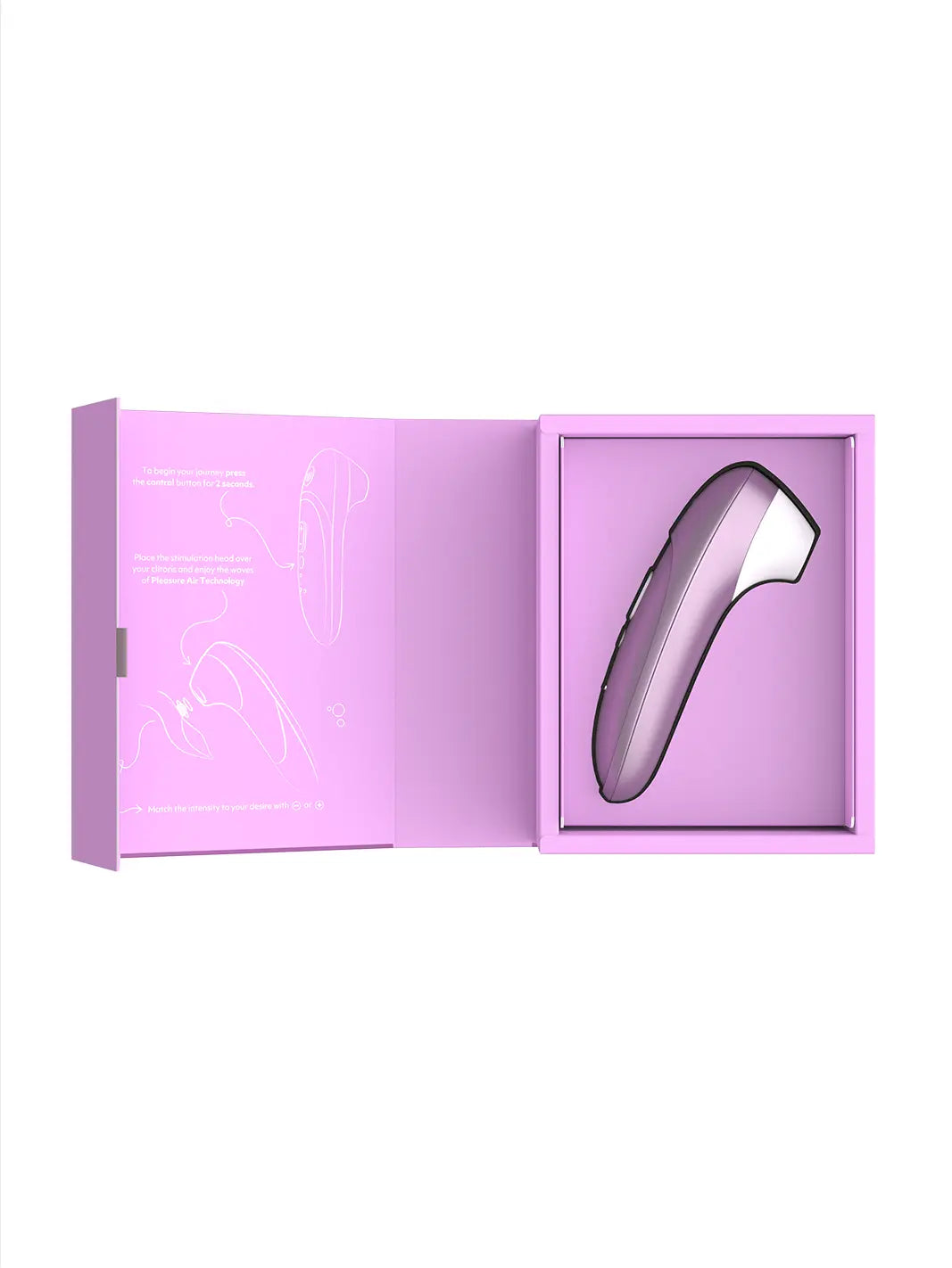 Womanizer Pro lilac shown with open box packaging and product insert.