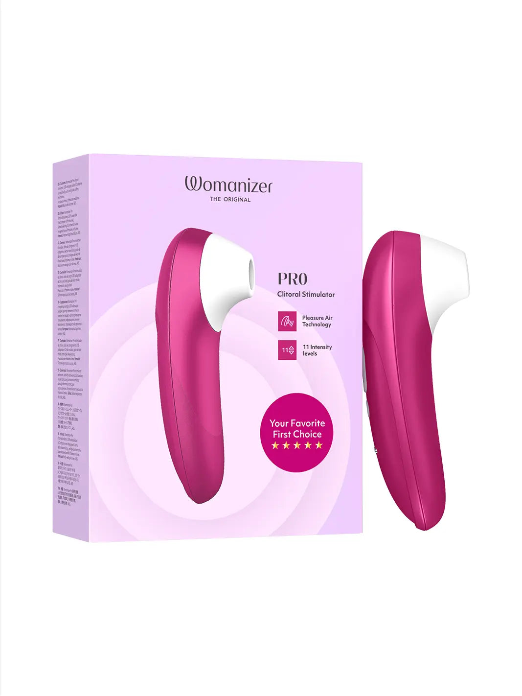 Womanizer Pro pink displayed with matching retail packaging.
