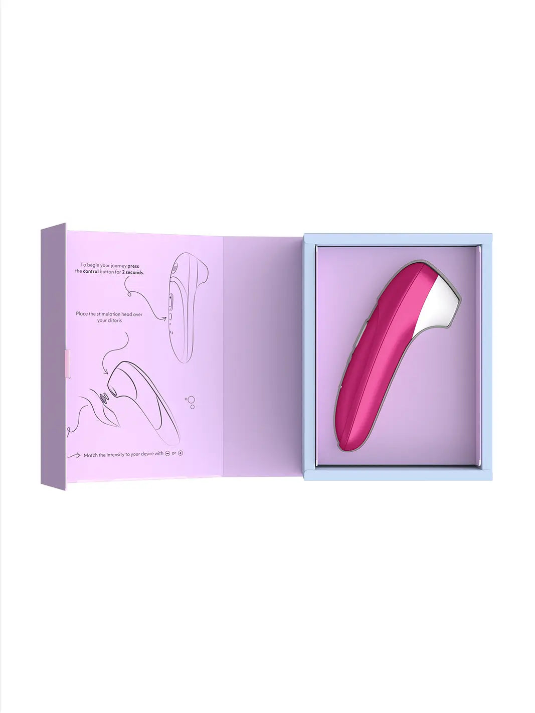 Womanizer Pro pink shown with open box packaging and product insert.
