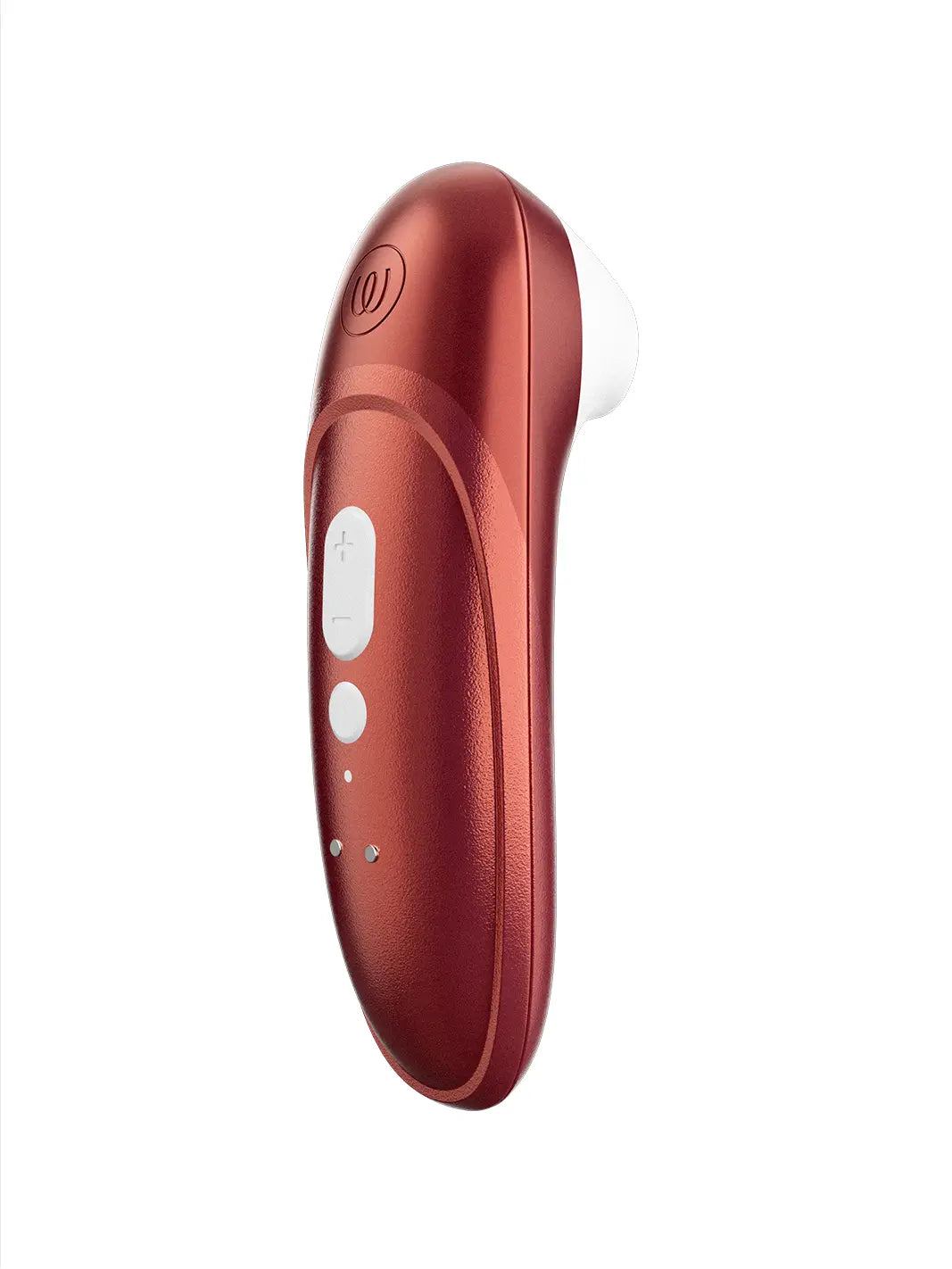 Womanizer Pro red front view with smooth metallic body and white stimulation head.