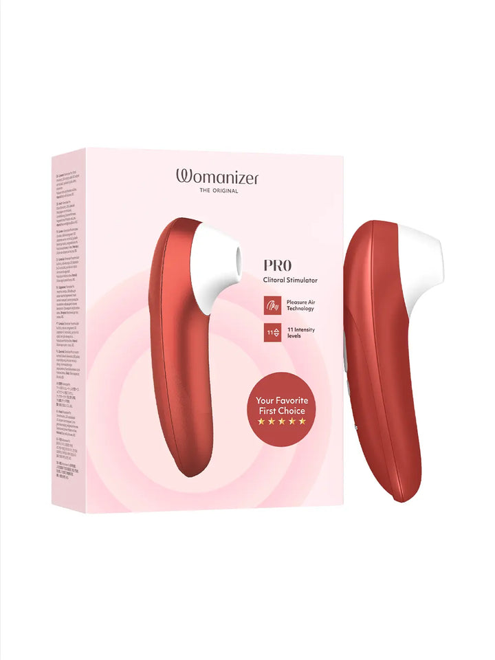 Womanizer Pro red displayed beside its matching retail packaging.