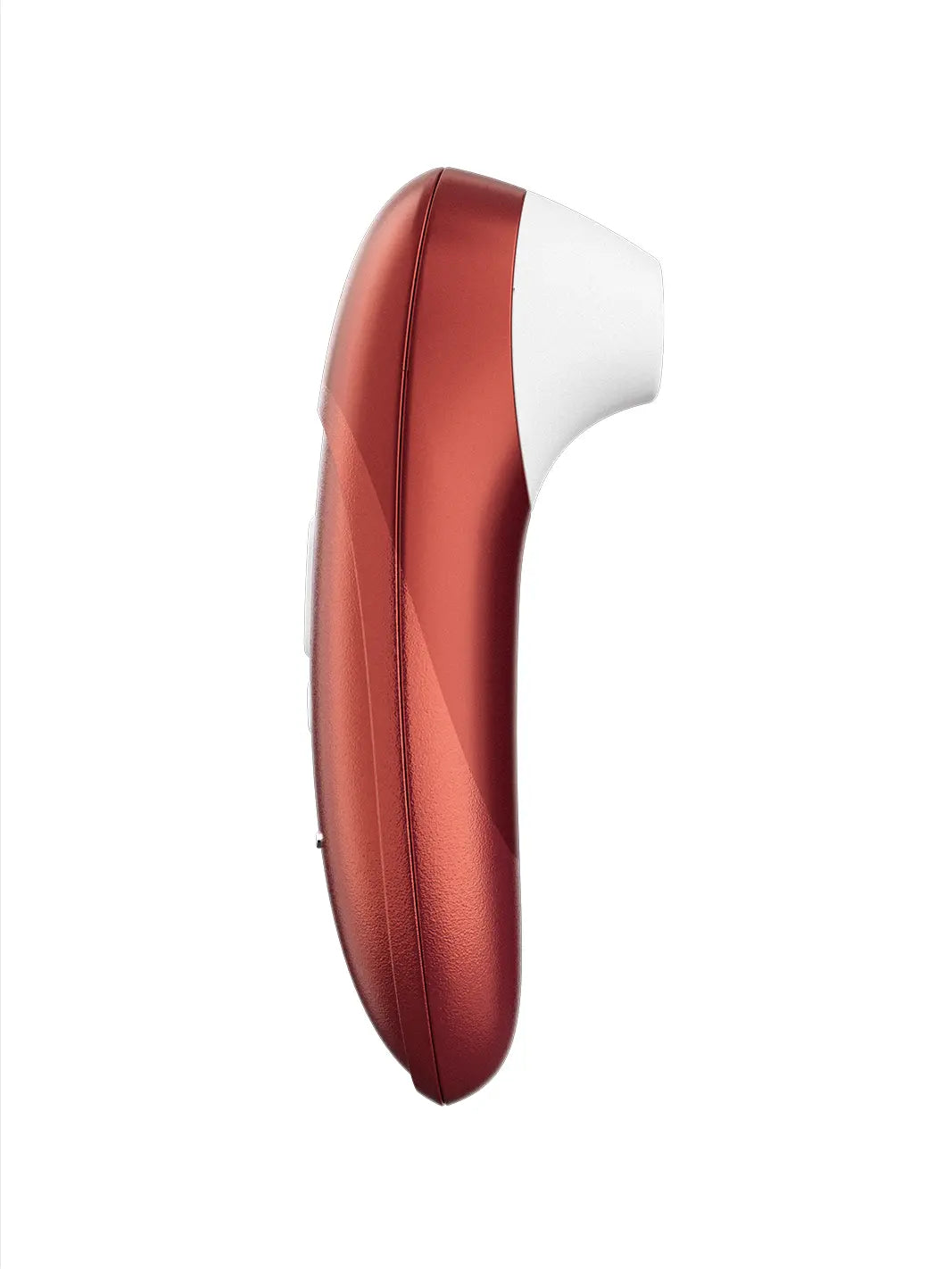 Womanizer Pro red side view showing its slim curved handle.