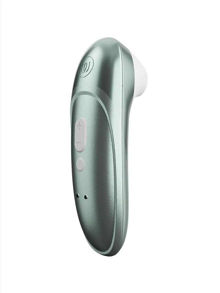 Womanizer Pro sage green front view with white stimulation head.