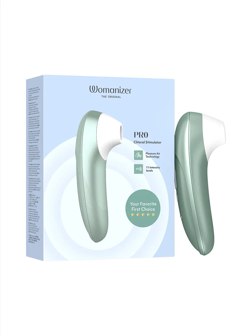 Womanizer Pro sage green displayed beside matching product packaging.