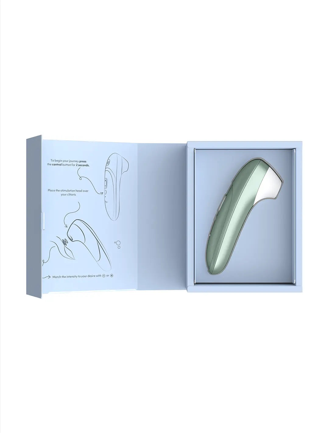 Womanizer Pro sage green shown with open box packaging and product insert.