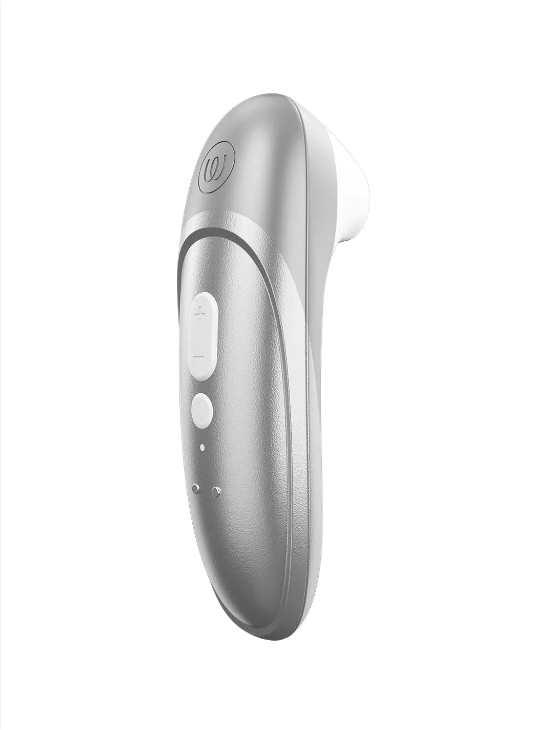 Womanizer Pro silver front view with smooth metallic finish and white stimulation head.