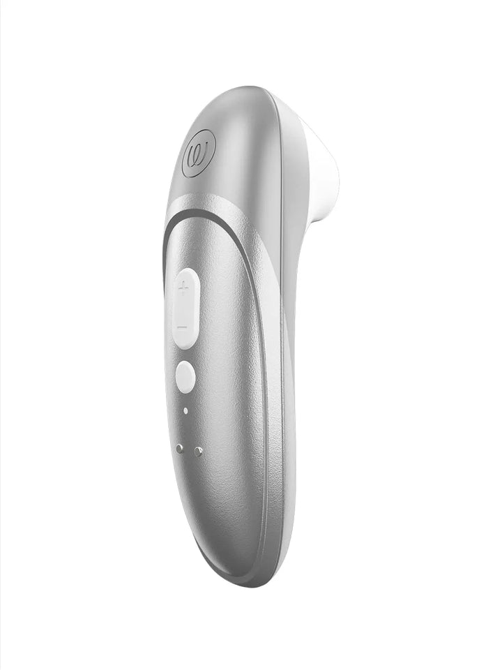 Womanizer Pro silver front view with smooth metallic finish and white stimulation head.