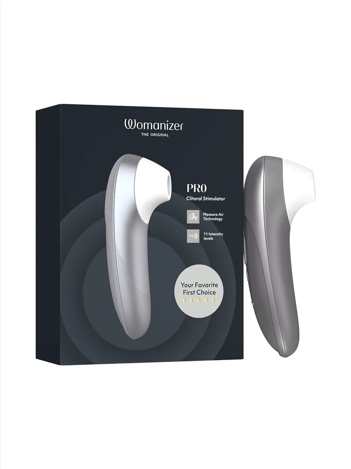 Womanizer Pro silver displayed beside its premium black product packaging.