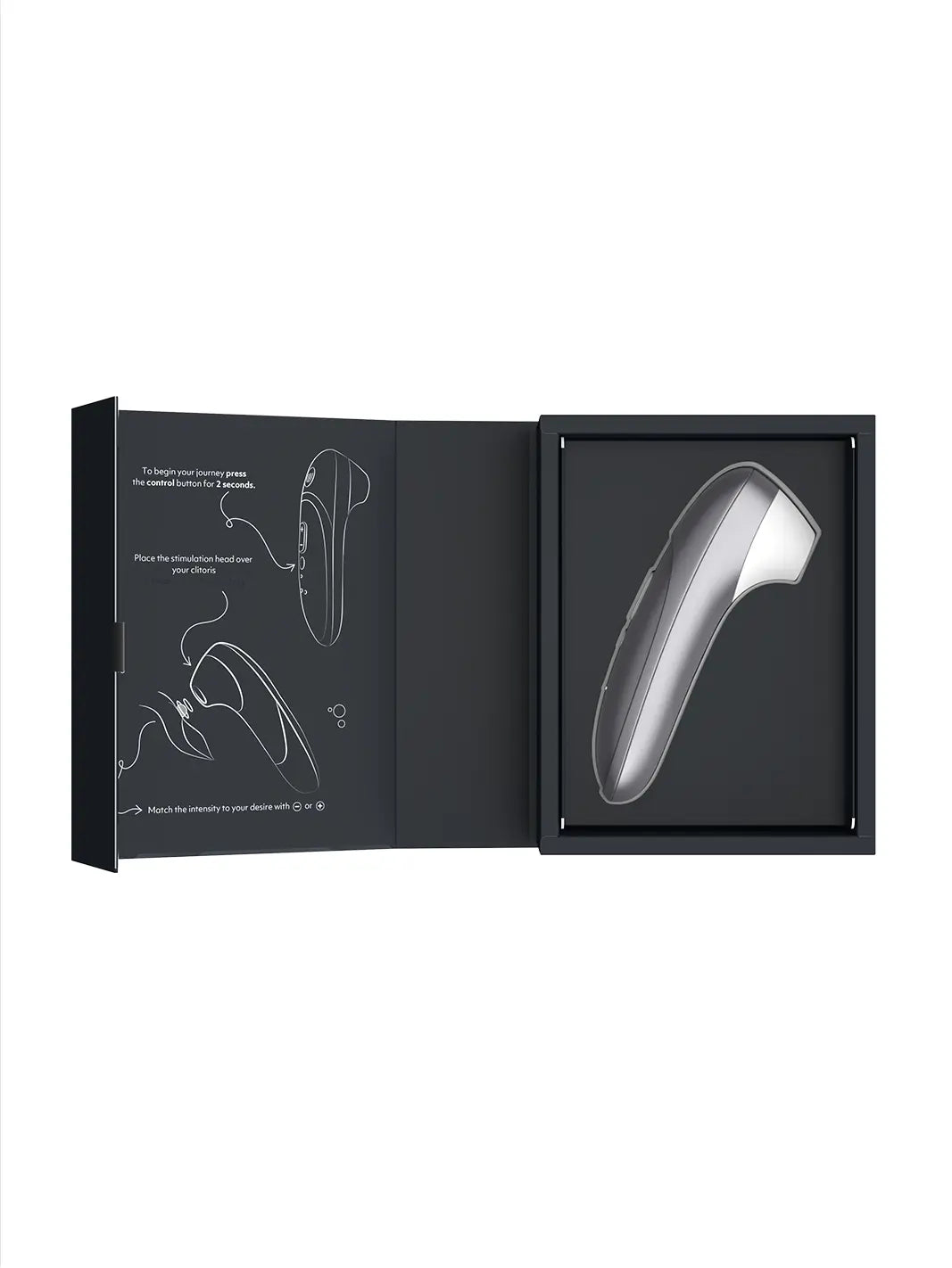 Womanizer Pro silver shown with open box packaging and product insert.
